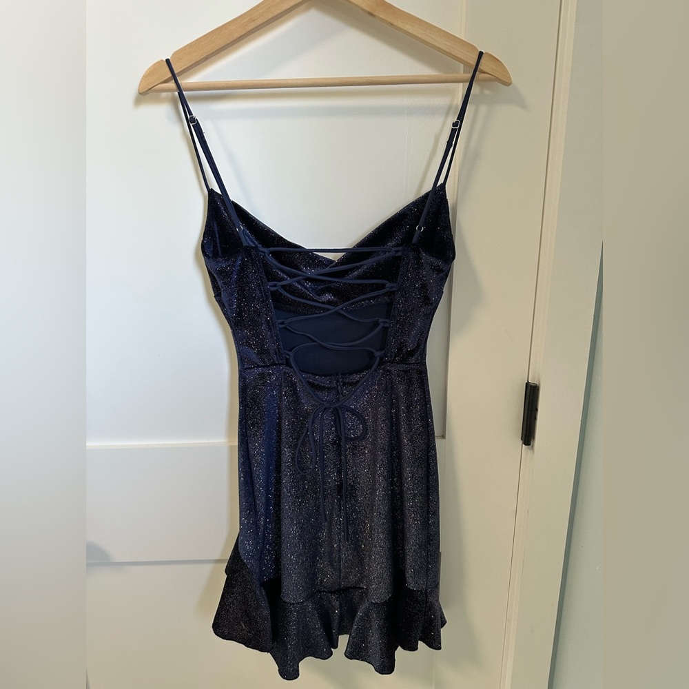 Lucy in the Sky Kailani Velvet Glitter Cowl Neck Mini Dress Navy Blue XXS - Picture 3 of 7